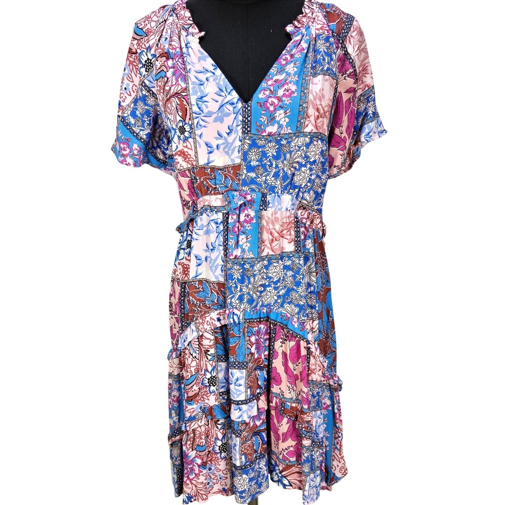 Women's Anthropologie Patchwork Small Floral V-Neck Tiered Ruffle Midi Dress